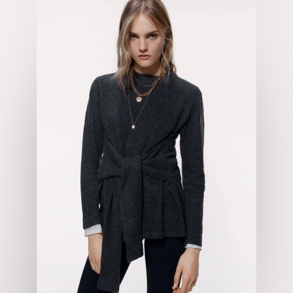 Zara Charcoal Gray Soft Feel Sweater with Waist Ties Size Small